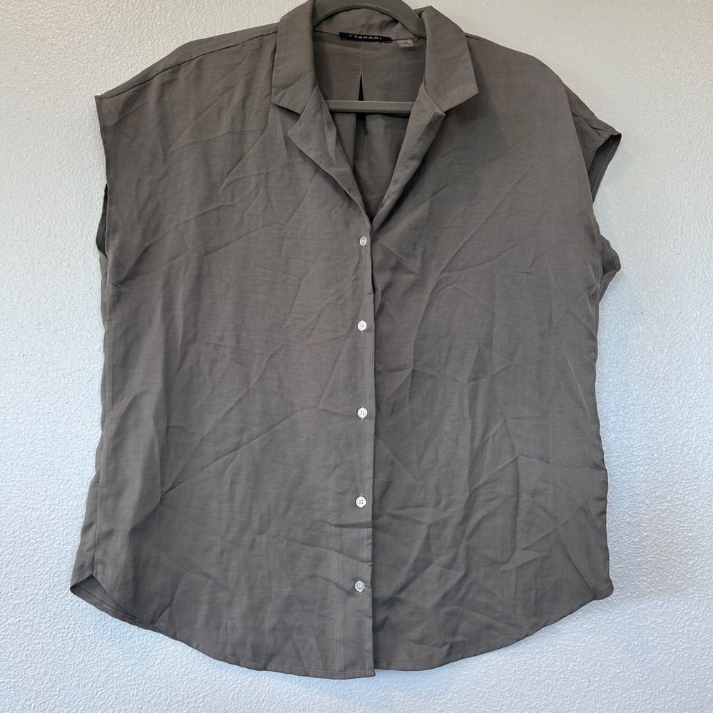 T Tahari Women's Taupe Cap Sleeve Button Down Blouse Collared Top Size Large